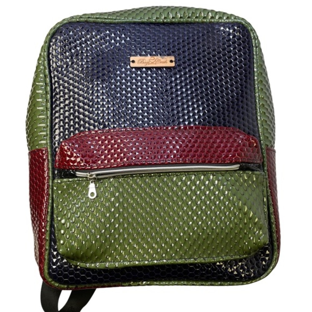 Bag Crush Colorblock Faux Snakeskin Backpack‎  License Plate Print Lining
